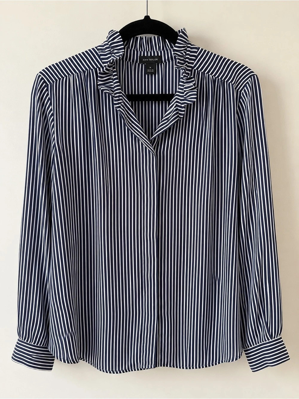 Ann Taylor Striped Ruffle Neck Long Sleeve Blouse Blue & White
